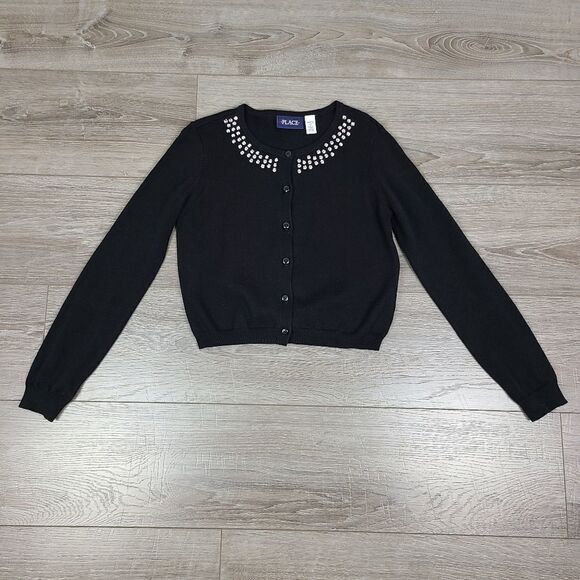 The Children's Place Girl's Black Embellished Neck Cardigan Sweater Large - Picture 11 of 13
